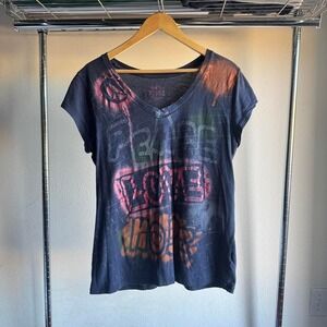 Y2K Mudd Womens Peace Love Hope Navy Blue Pink and Orange Graphic Tee Shirt Top